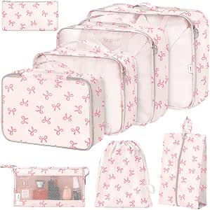 8 Set Packing Cubes for Suitcases, Travel Organizer with Shoe, Cosmetics, Clothing, and Accessories Bags (Pink Bows)