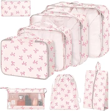 8 Set Packing Cubes for Suitcases,Suitcase Organizer with Shoe,Cosmetics,Clothing, and Accessories Bags for Travel Luggage Organizer Women MenPink Bows