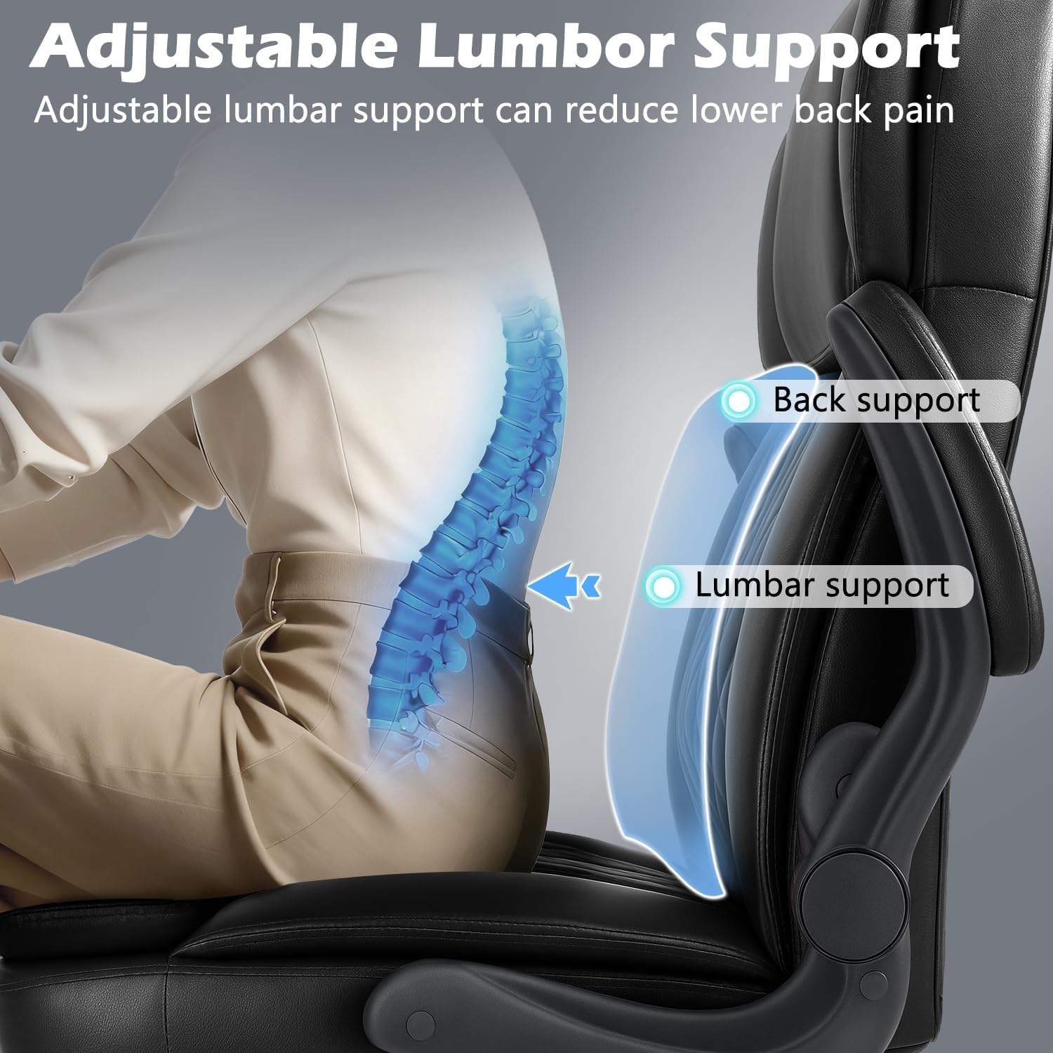 450lbs Executive Office Chair for Heavy People, Ergonomic Big and Tall Desk Chair with Adjustable Lumbar Support&Flip Up Armrest,High Back PU Leather Comfy Swivel Computer Chair - 5