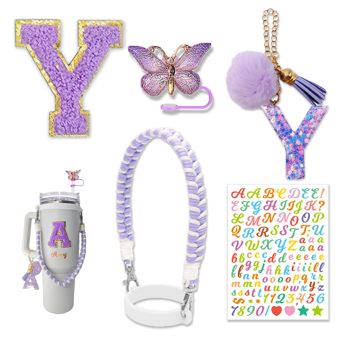 Stanley Cup Accessories Set - 30oz & 40oz Water Bottle Handle Strap, Letter Charms, Butterfly Straw Cover Topper (Purple)