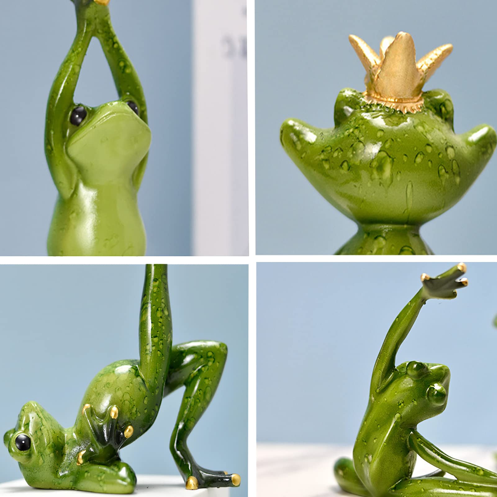 SYFUNLV 4 sztuki figurek żaby 3D, z żywicy, 4 różne pozycje jogi, dekoracyjna figurka żaby siedząca w pozycji jogi, zabawny kreatywny ornament na biurko, do biura domowego