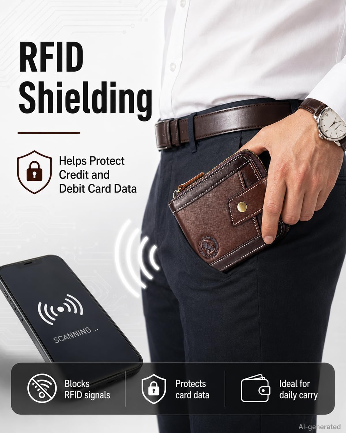 Men's Leather RFID Wallet with Zipper, 14 Card Slots, ID Window | Zippered coin pocket separates loose change; organized for commuting and everyday carry (Coffee)