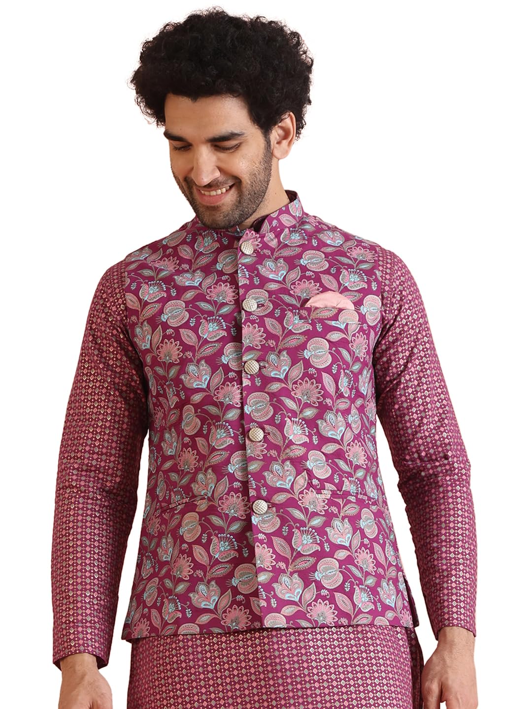 kisah Men's Nehru Jacket, Pink Pure Cotton, Printed Regular Fit Mandarin Collar Sleeveless-picture-17