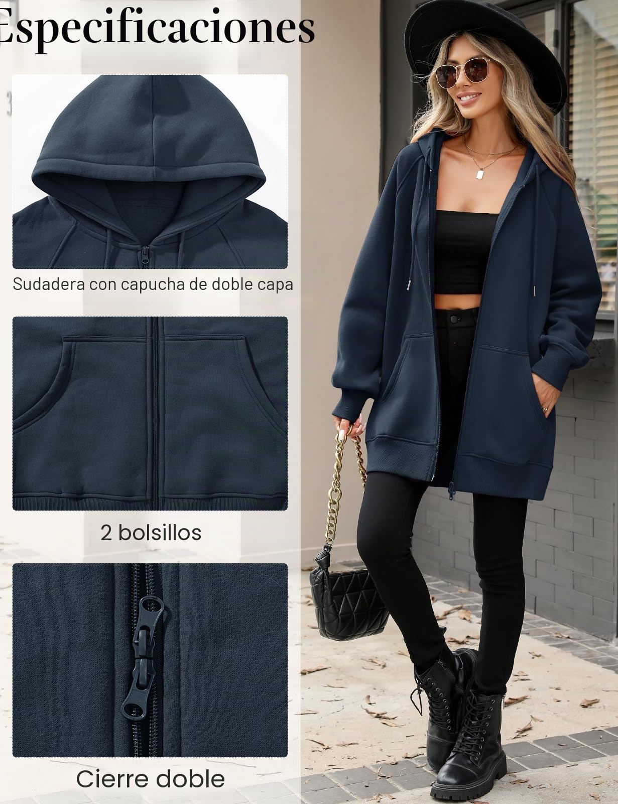 Vancavoo Sudadera Larga Mujer con Capucha y Cremallera Chaqueta Otoño | Sweatshirt Casual, Chaqueta Algodón con Felpa Ligera, Manga Raglán, Cremallera Doble y Bolsillos Laterales