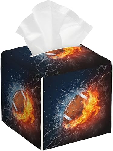 Caja de pañuelos de fútbol americano en fuego y agua, soporte de caja de pañuelos de cuero, organizador de papel facial cuadrado, dispensador para