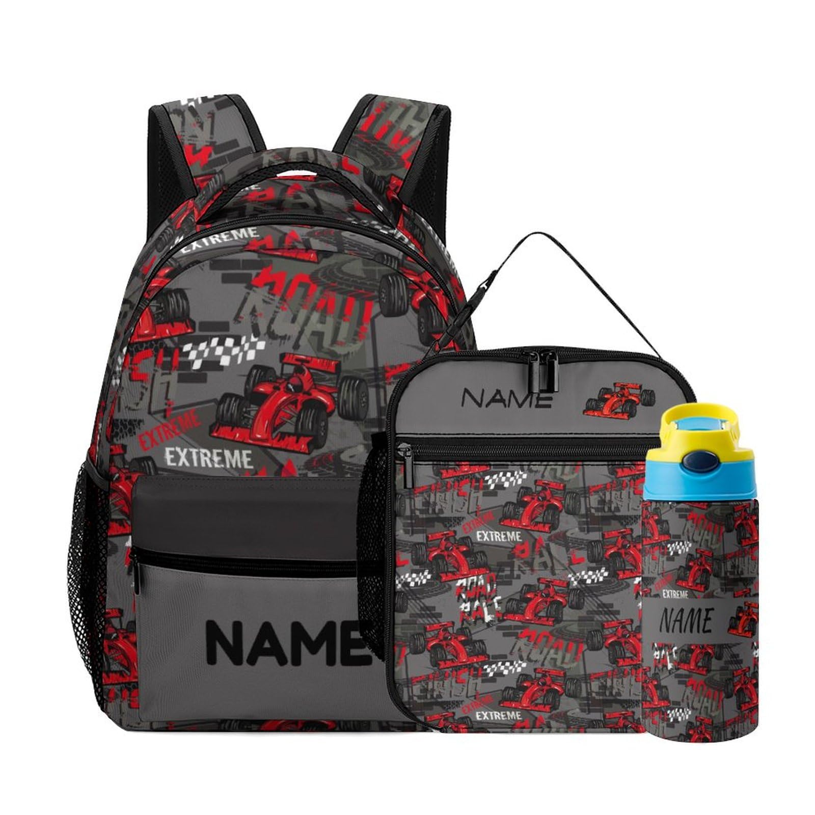 Aicihert Custom Kids Backpack Set Add Name Personalized Cute Red Car 3 in 1 School Bags with Lunch Box Water Bottle Customized Bookbag Back to School