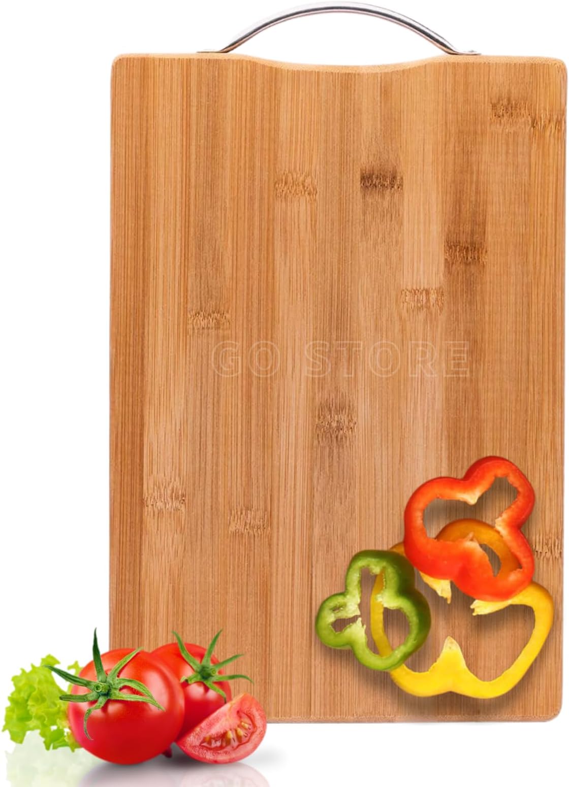 Go Store Large Non-Slip Wooden Bamboo Cutting Board with Antibacterial Surface with Stainless Steel Handle Chopping Board for Kitchen, Cutting Board for Kitchen (Wood)