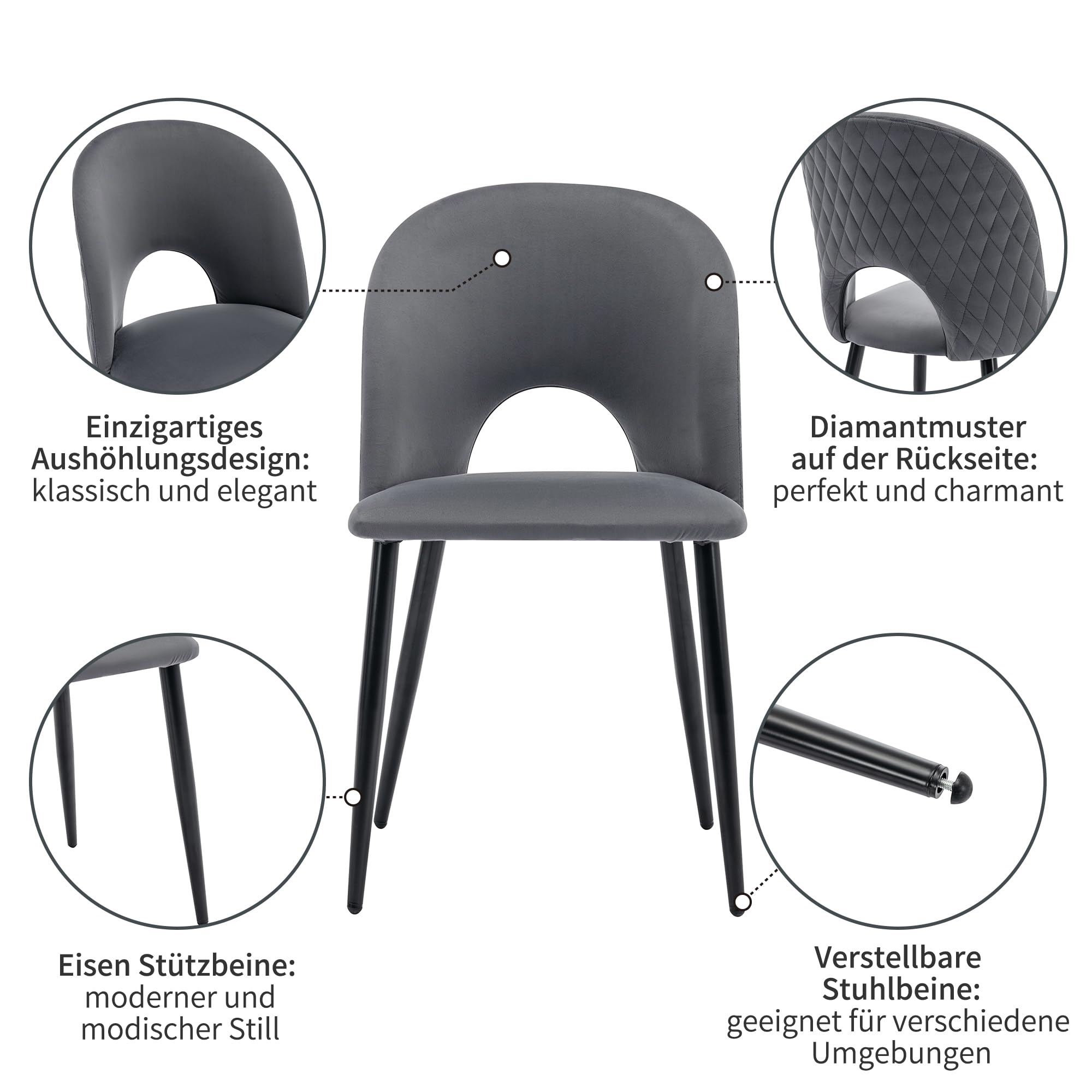 Ensemble de salle à manger 140 x 80 cm, avec 4 chaises, table de cuisine moderne, en velours avec motif diamant, pieds de chaise réglables, pieds de table noirs (gris-B)