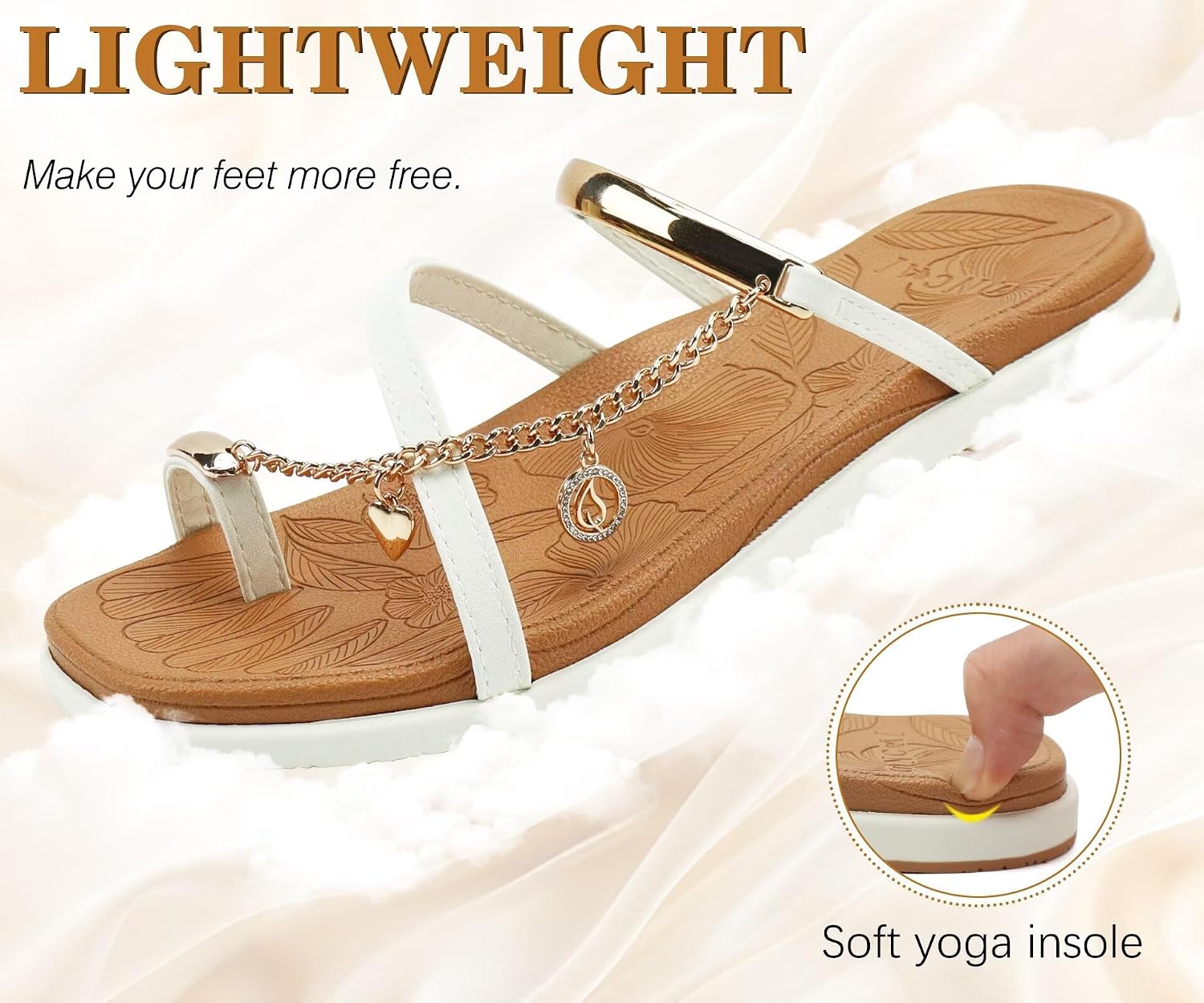 ONCAI Women's Flat Sandals Toe-loop Strappy Square Open Toe Slip on Fashion Dressy Slide Sandal for Woman 2026 White/Khaki Size 8.5 Summer Casual Comfortable Beach Lightweight Outdoor Slides Shoes