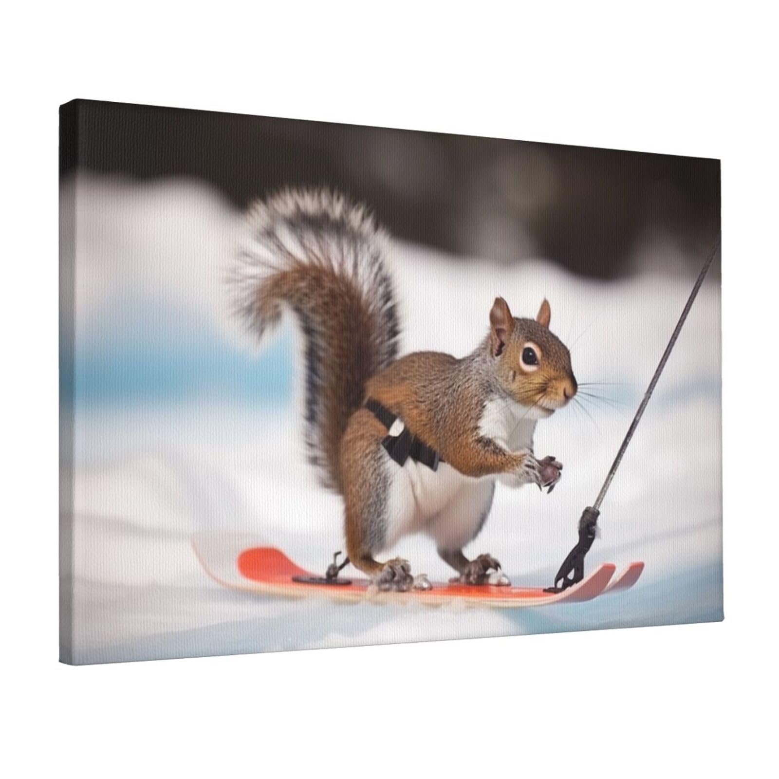 Canvas Wall Art for Living Room Wall Decor 12"x18" Modern Artwork Painting Pictures Hanging Canvas Prints Skiing Squirrel Aesthetic Wall Art for Bedroom Bathroom Office Wallart Decor