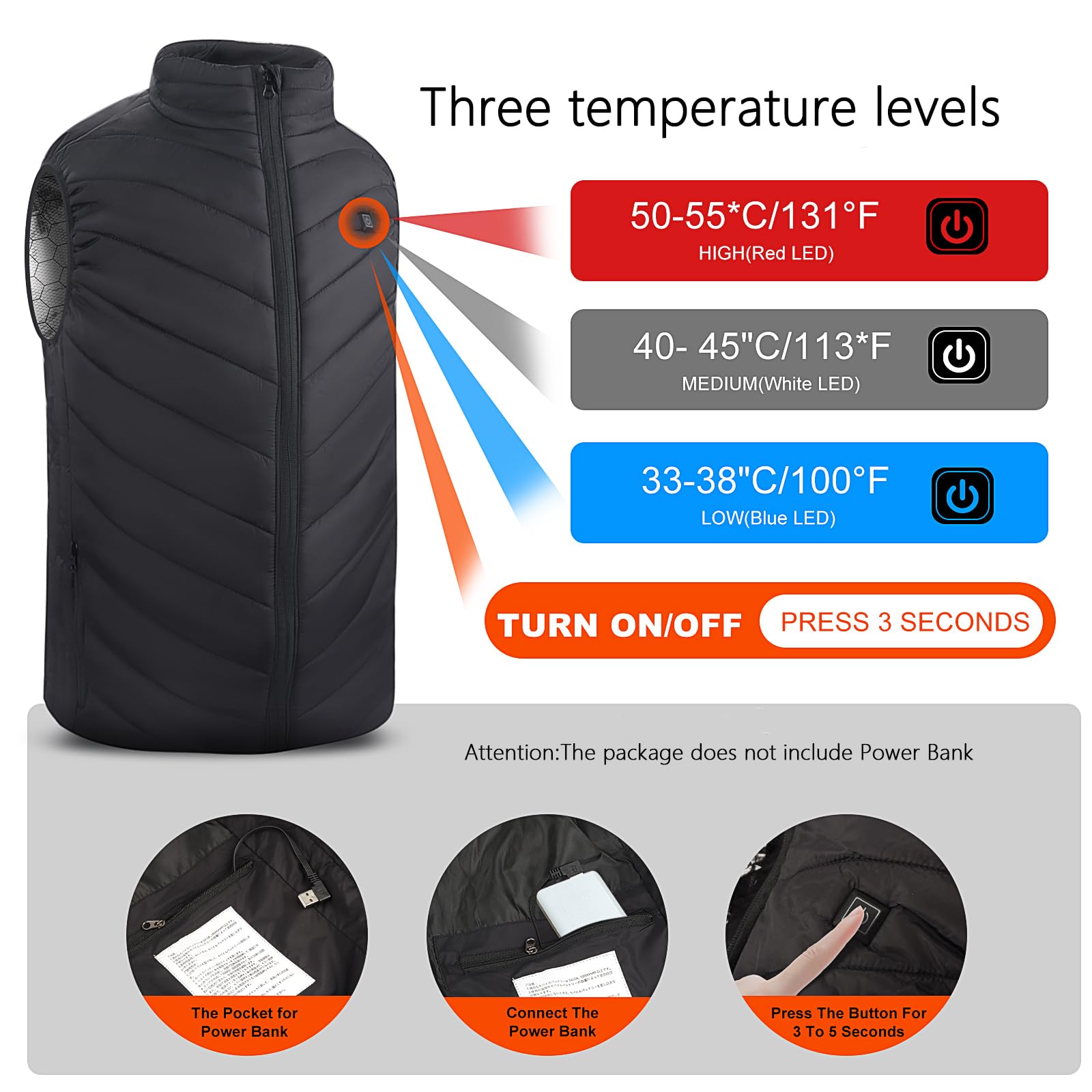 Monave Chaleco Calefactable Hombre 9 Elementos Calefacción Fibra Carbono 3 Niveles Temperatura Negro