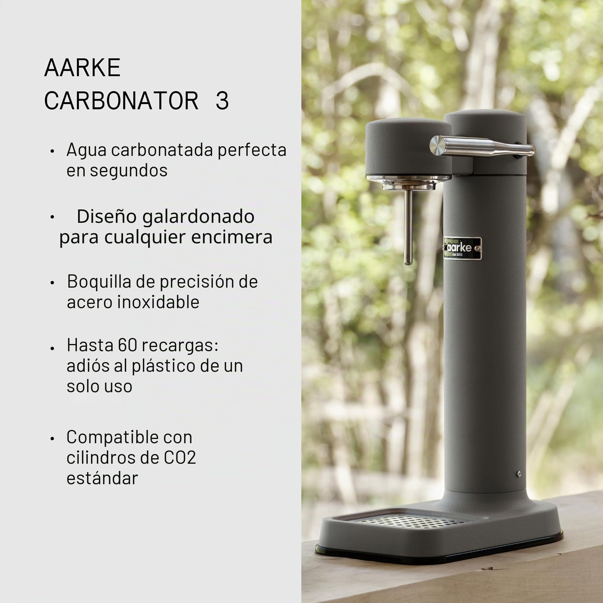 Aarke Carbonator 3 - Máquina de agua con gas en acero inoxidable, acabado gris mate + cilindro de 60 litros con CO2 renovable