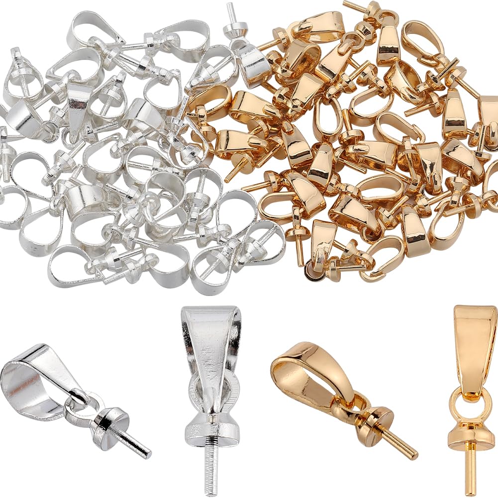 SUNNYCLUE 1 Box 60Pcs Eye Pins Bail Caps Cup Pearl Eye Pin Bail Slider Clasps Pin Peg Half-Drilled Beads Connectors Pendant Holder Golden Silver Brass Cup Pearl Peg Bails for Jewelry Making Clasps