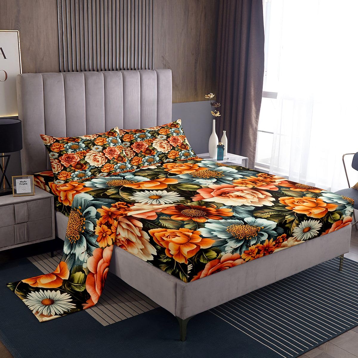 Homewish Groovy - Juego de sábanas para cama de matrimonio, diseño floral hippie, estilo hippie, 60 y 70, juego de ropa de cama hippie, 4 piezas