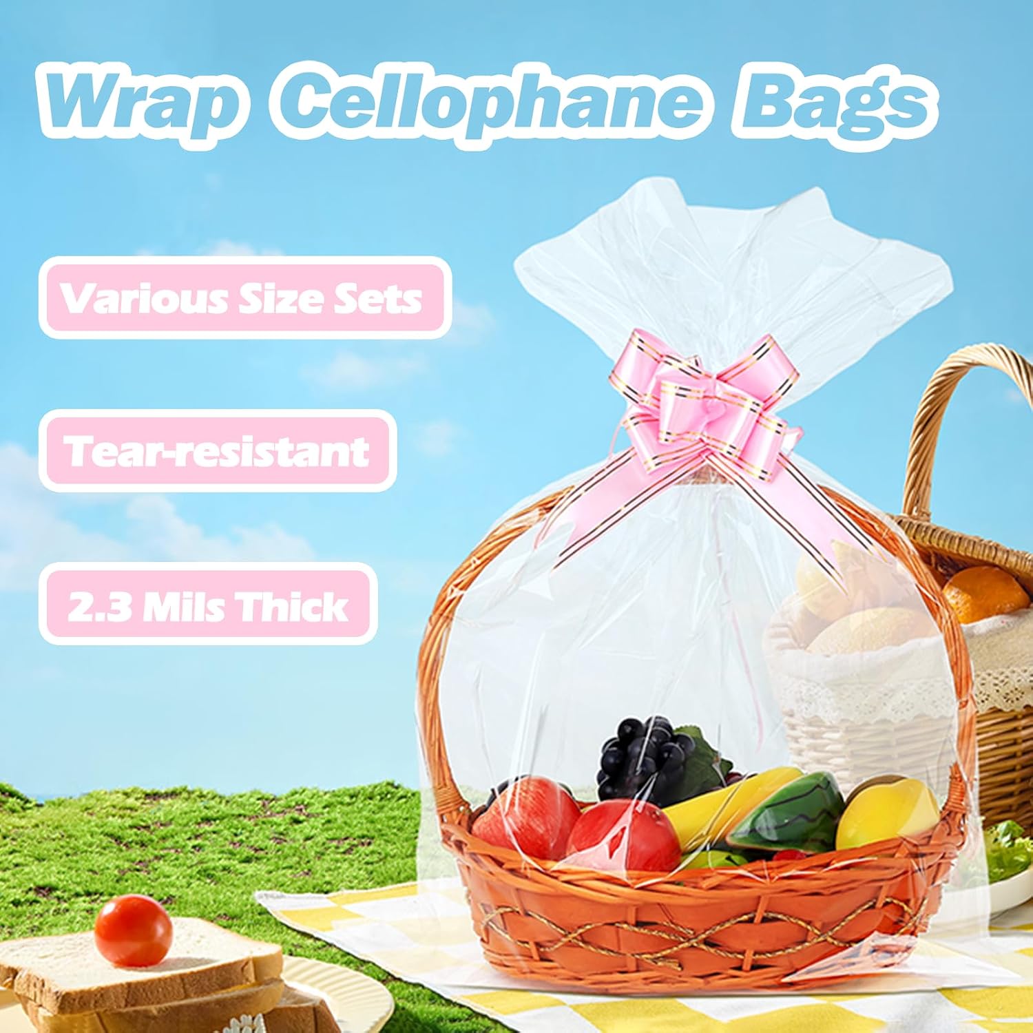 90 Packs Large Clear Cellophane Bags 14x20 18x24 24x30 Inches Jumbo Gift Basket Wraps Extra-large Transparent Plastic Bags for Fruit Basket, Gift Wrap, Treats, Arts and Crafts, 90 pcs Pull Ribbon Bow Ties