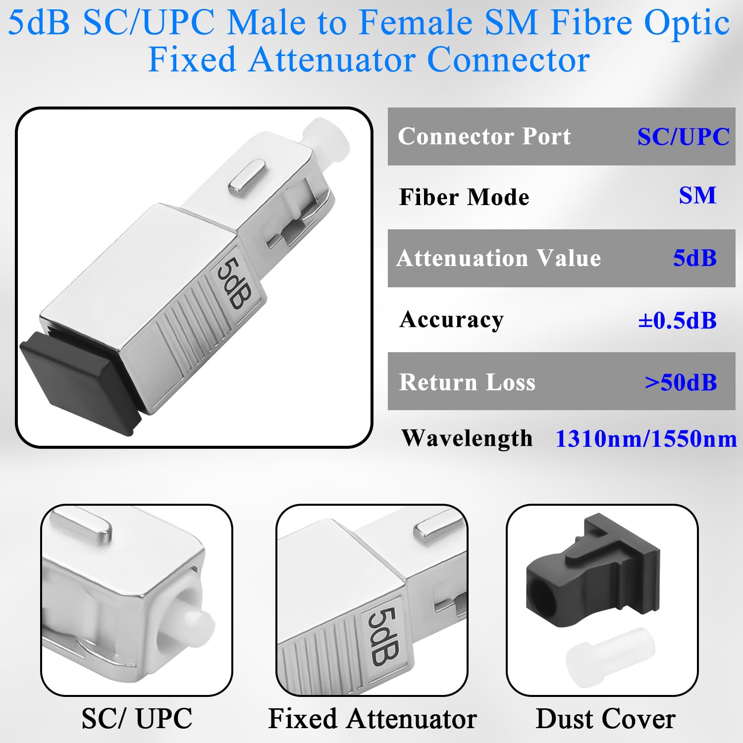QIANRENON SC/UPC Attenuatore fisso in fibra ottica connettore 5dB SC maschio a femmina Singlemode Fibre Ottiche Fixed Attenuator Adattatore, Valore di attenuazione 5dB ± 0,5, per reti in fibra ottica