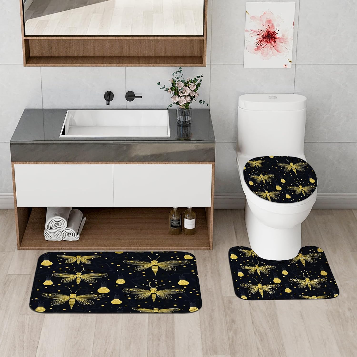 4PCS Kids Watercolor Firefly Bathroom Accessory Sets with Non-Slip Rug, U Shape and Toilet Lid Cover Mat, Fun Cute Insect Bathroom Decorative-72''x72''