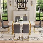 Modern Dining Table Set for 6, 55'' Dining Room Table Set with 6 Faux Leather Chairs, White Wood Tabletop with Gold Metal Legs, Suitable for Small Space