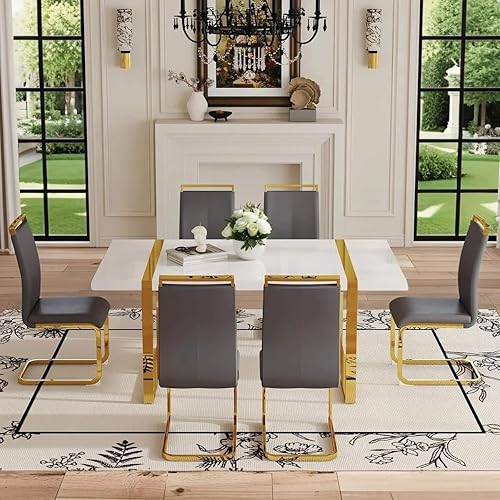 Miniatura 10 de Moderno juego de mesa de comedor para 4, juego de mesa de comedor dorado de 55 pulgadas con 4 sillas de piel sintética negra, mesa de madera negra