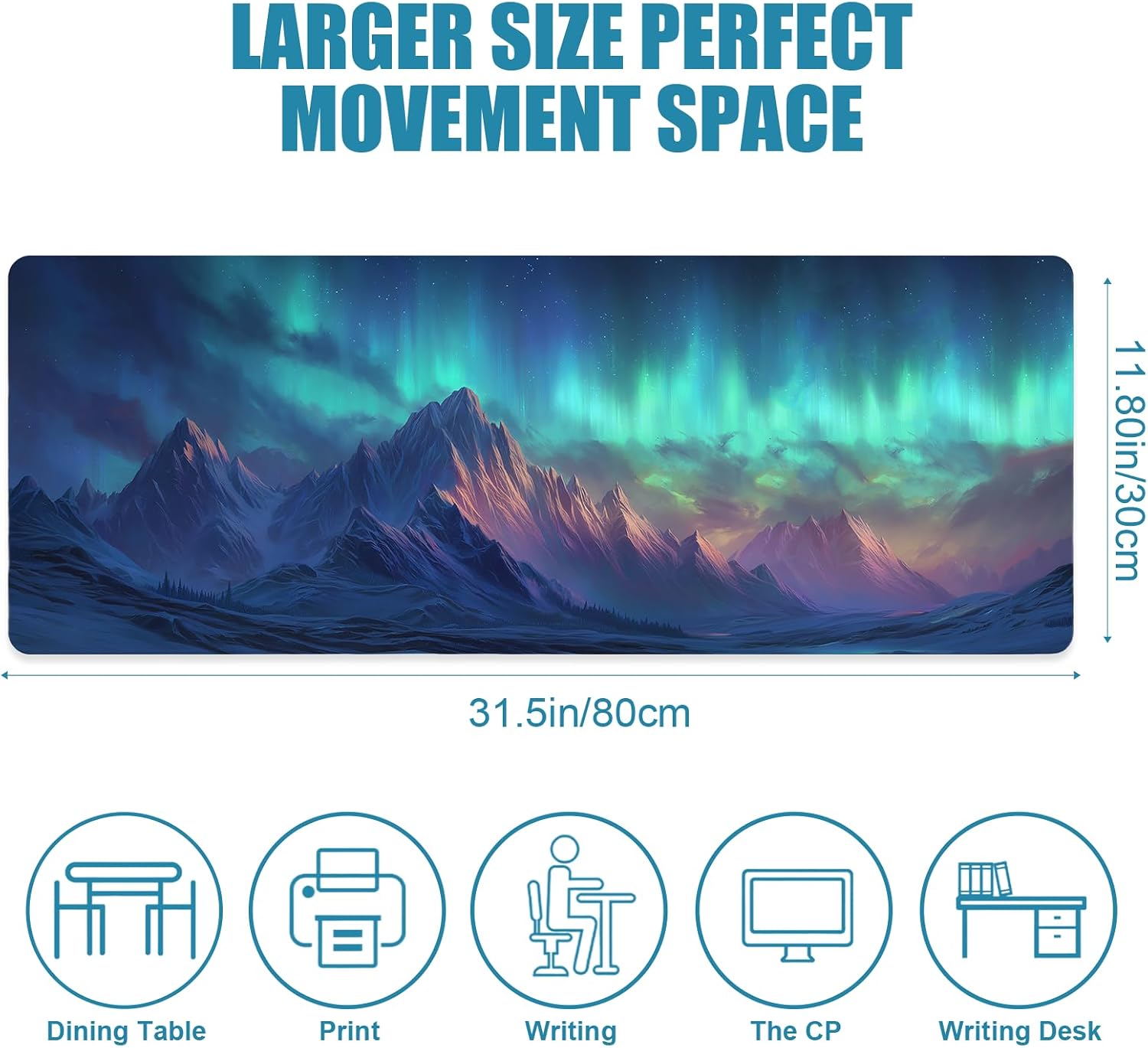 Aurora Borealis Gaming Mouse Pad, XL Large Mousepad Extended Big with Non-Slip Rubber Base Stitched Edges, Desk Mat, Laptop Computer Keyboard Mat, Office&Home, 31.5x11.8in image 2