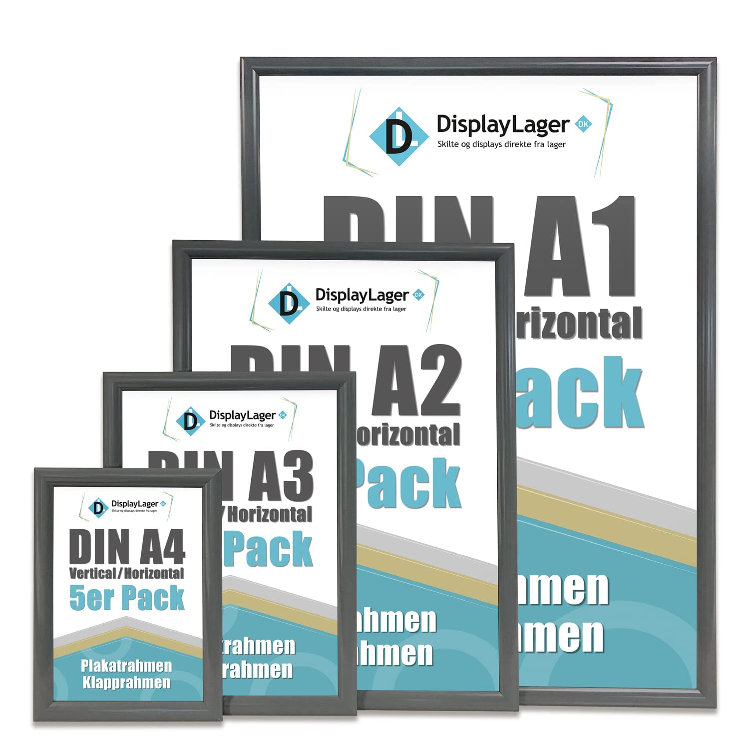 DisplayLager Zestaw 5 sztuk, antracytowo-szare, DIN A3, składana rama z profilem aluminiowym 25 mm, antyodblaskowa szyba, materiał mocujący