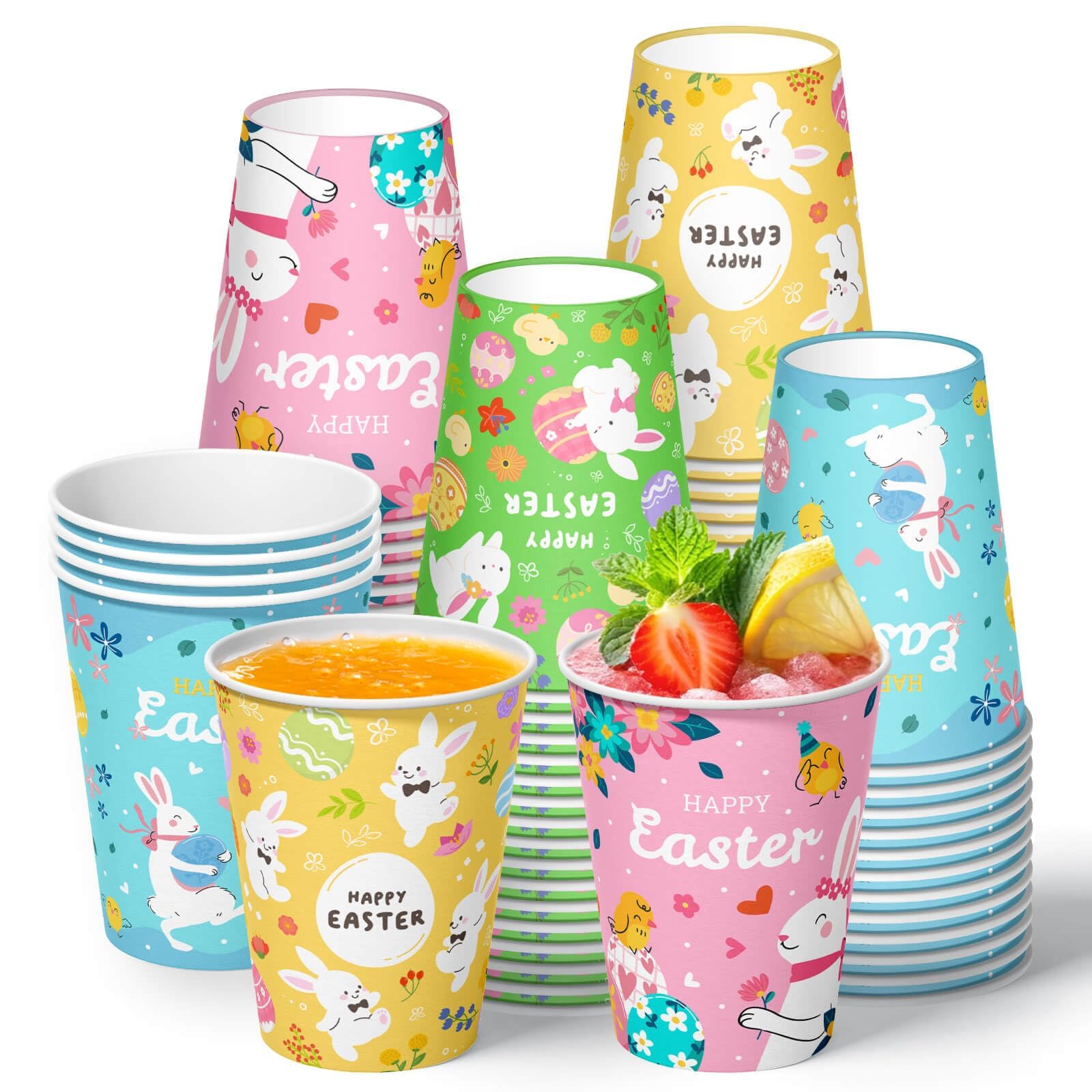 Vanulus 60Pcs 9oz Easter Paper Cups Bunny Egg Easter Disposable Cups with 4 Designs Happy Easter Party Supplies for Juice Coffee Hot Cold Beverage Drink