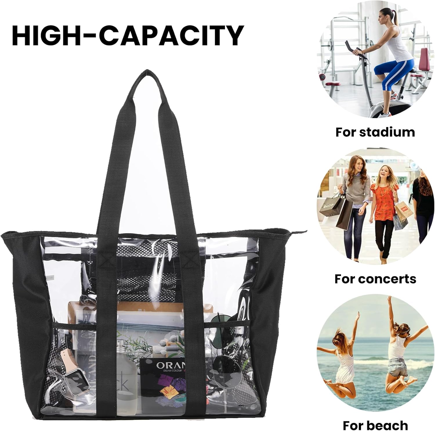 Large Clear Bag Tote for Work Concerts Stadium approved Heavy duty Transparent See Through Purse with mesh pockets - Image 6