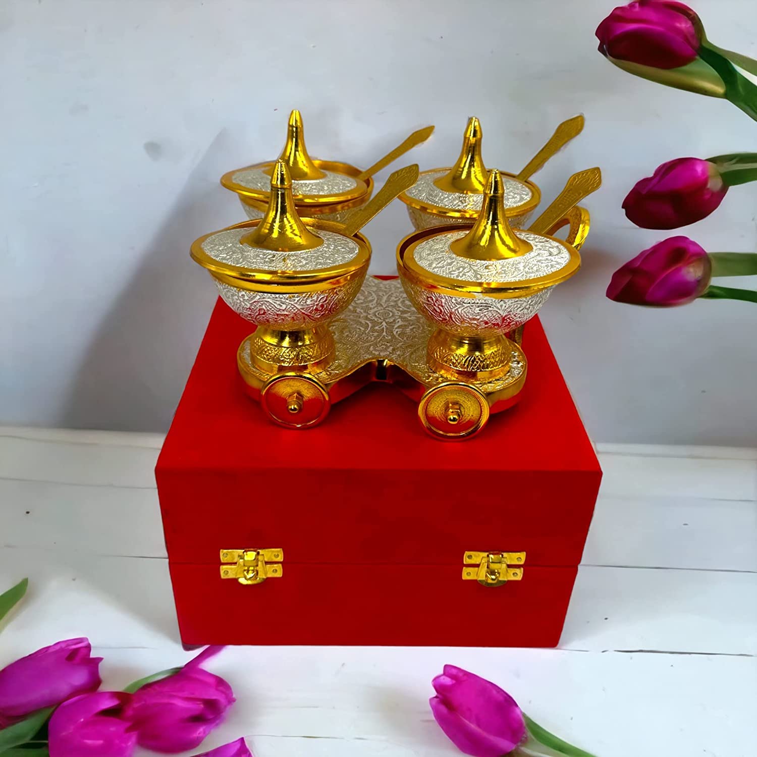 AC ANAND CRAFTS Table Trolley Set 4 Bowl Trolley l Size - 8" x 8" (Bowl - 3" Diameter) | Color Silver-Gold Plated Serving for Macaws, Nuts, Sweets 2