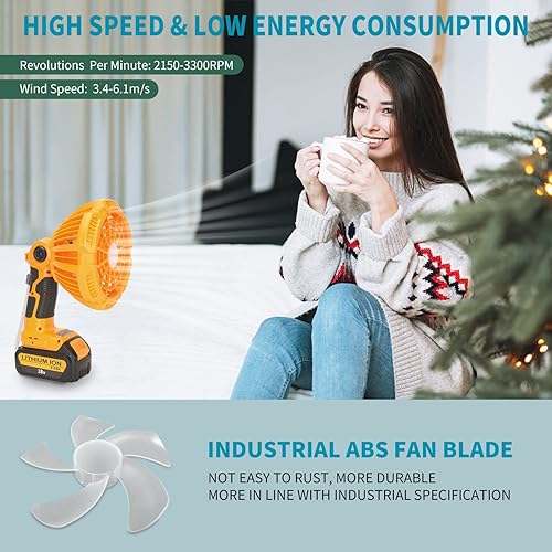 Miniatura 2 de Para ventilador Dewalt de 20 V, motor inalámbrico de 3 velocidades de bajo ruido para camping, gimnasio, garaje, viajes, oficina, dormitorio