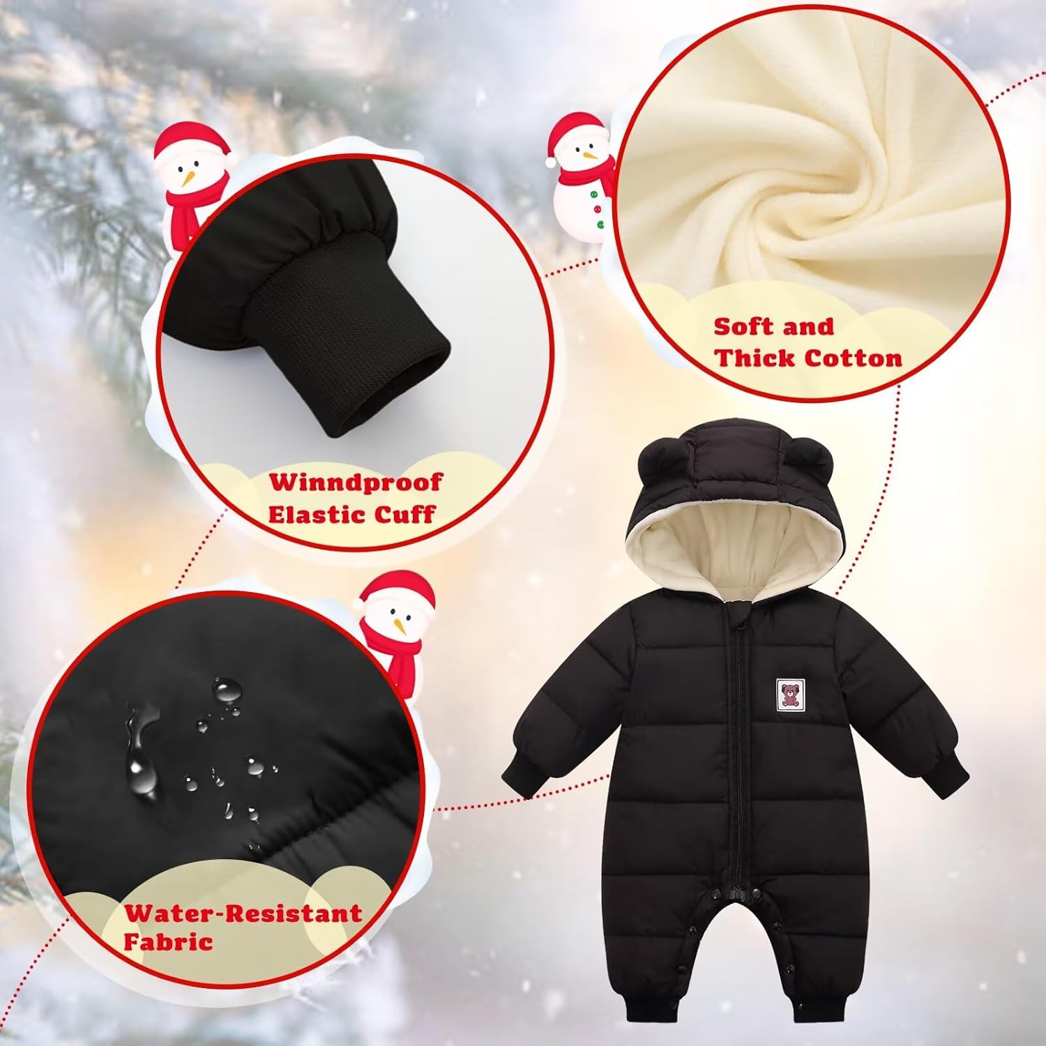 BYFRI Baby Boys Girls Snowsuit Newborn Cozy Winter Coat Infant Bear Hooded Jumpsuit Toddler Snow Outfit for 0-24 Months - Image 3