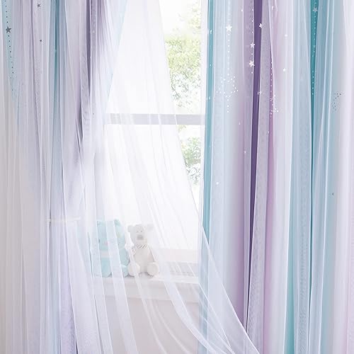 Miniatura 5 de NICETOWN Cortinas de luna con estrellas para guardería, cortinas opacas de doble capa con ojales y ojales transparentes para sala de estar