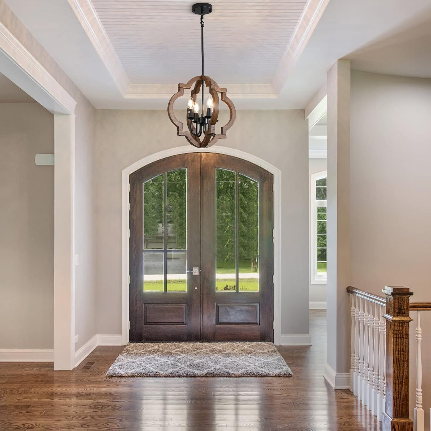 Black Friday - 80% OFF 15.7 SGLfarmty 4-Light Farmhouse Chandeliers for Dining Room, Rustic Wood Light Fixture for Foyer, Adjustable Orb Wood Chandelier Hanging Light Fixture for Kitchen Island, Entryway, Hallway
