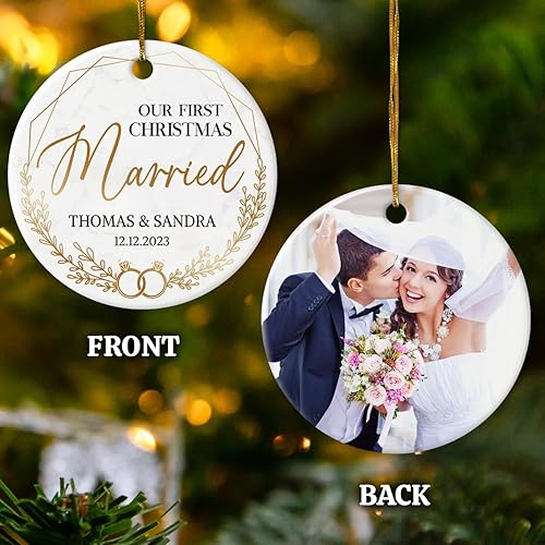 Miniatura 3 de Adorno personalizado de primera Navidad para casados, imagen de foto personalizada, adornos de cerámica de doble cara, regalos de recuerdo de boda,