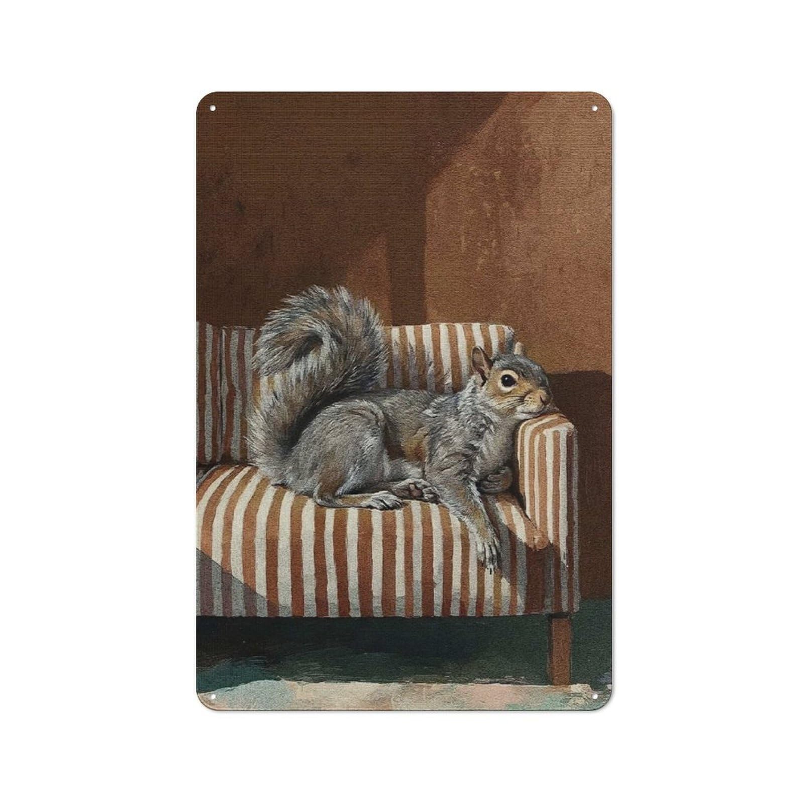 Squirrel Resting on Striped Couch Workshop Style Metal Wall Decor 30x20cm, Decorative Metal Plaque for Garage, Workshop, Shed Or Utility Room
