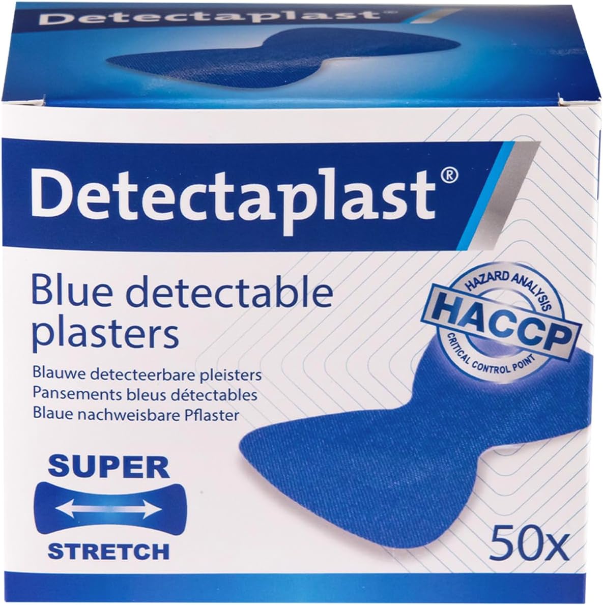 Detectaplast 50 x Elastic Waterproof Plasters Blue Food Grade Detectable Plasters for First Aid Catering 68 x 38 mm Fingertip Plasters