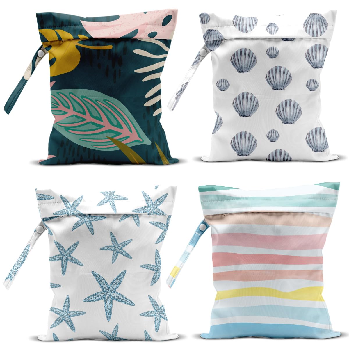 zcyxuuw 4Pcs Waterproof Wet Bag for Swimsuit, Travel Beach Wet Dry Bag, Hidden Zipper Reusable Shell Starfish Beach Palm leaf Decor, for Travel Beach