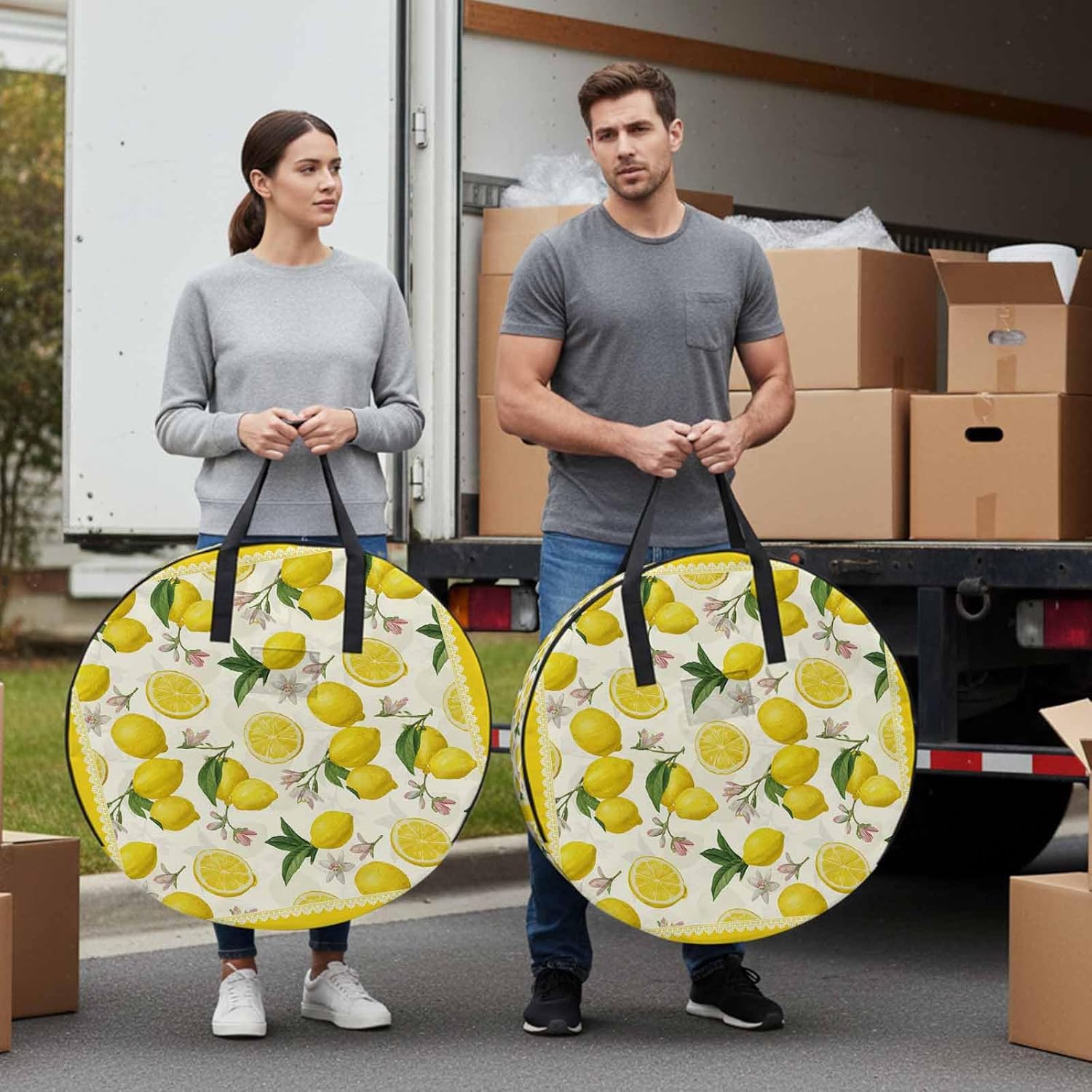 Storage Bag Floral Lemon Round Storage Totes Bins Closet Organizers with Zippers & Handle Yellow Summer Fruit Clothes Storage Container for Bedroom Dorm Space Saving Packing Supplies Moving Bags