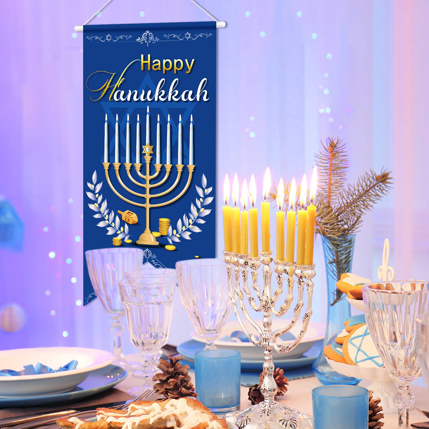 Happy Hanukkah Banner - 15 Panel Party Decoration With Ribbon