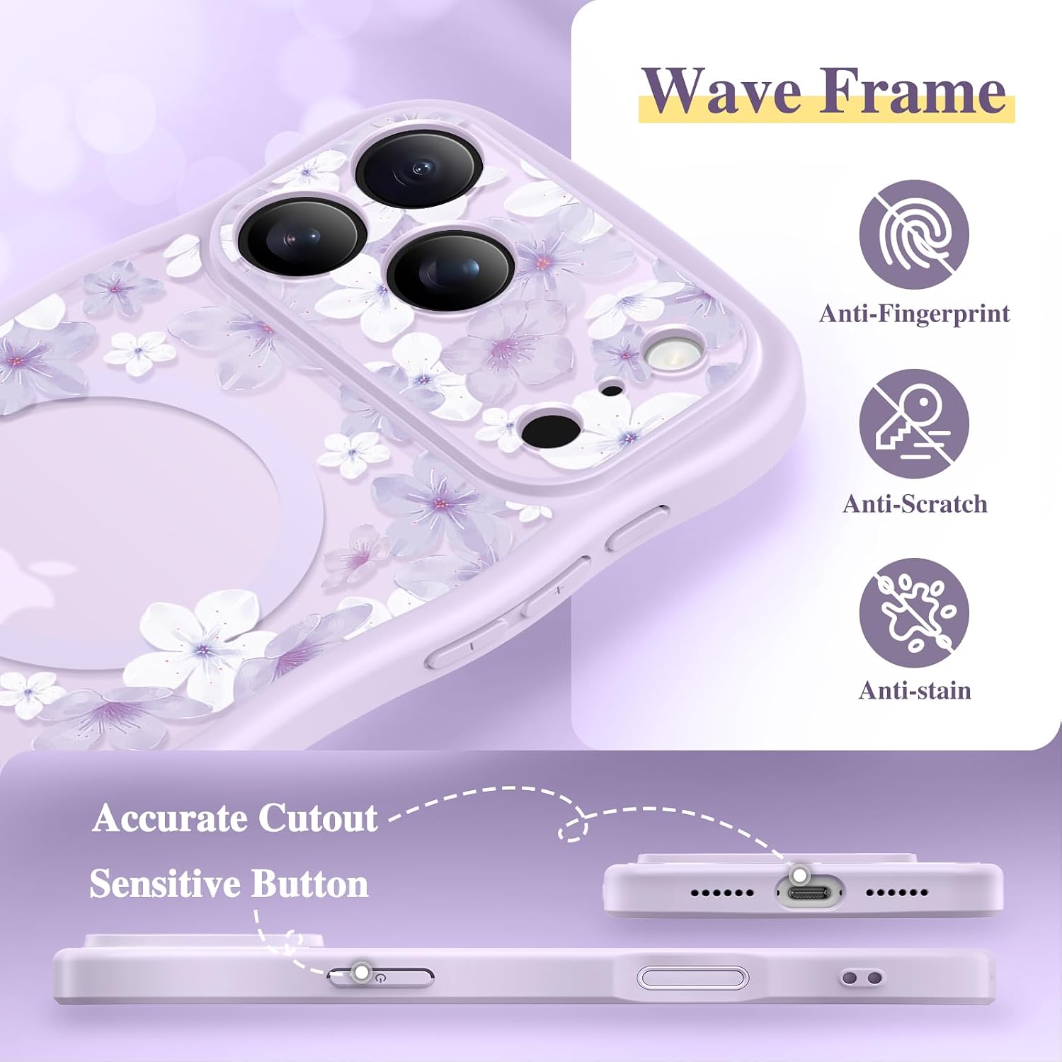 GVIEWIN for iPhone 17 Pro Max Case Compatible with MagSafe [Curly Wave Edge][Full Camera Protection] Floral Translucent Shockproof Magnetic Women Phone Case for 17 Pro Max, Petal Sprig/Purple thumbnail