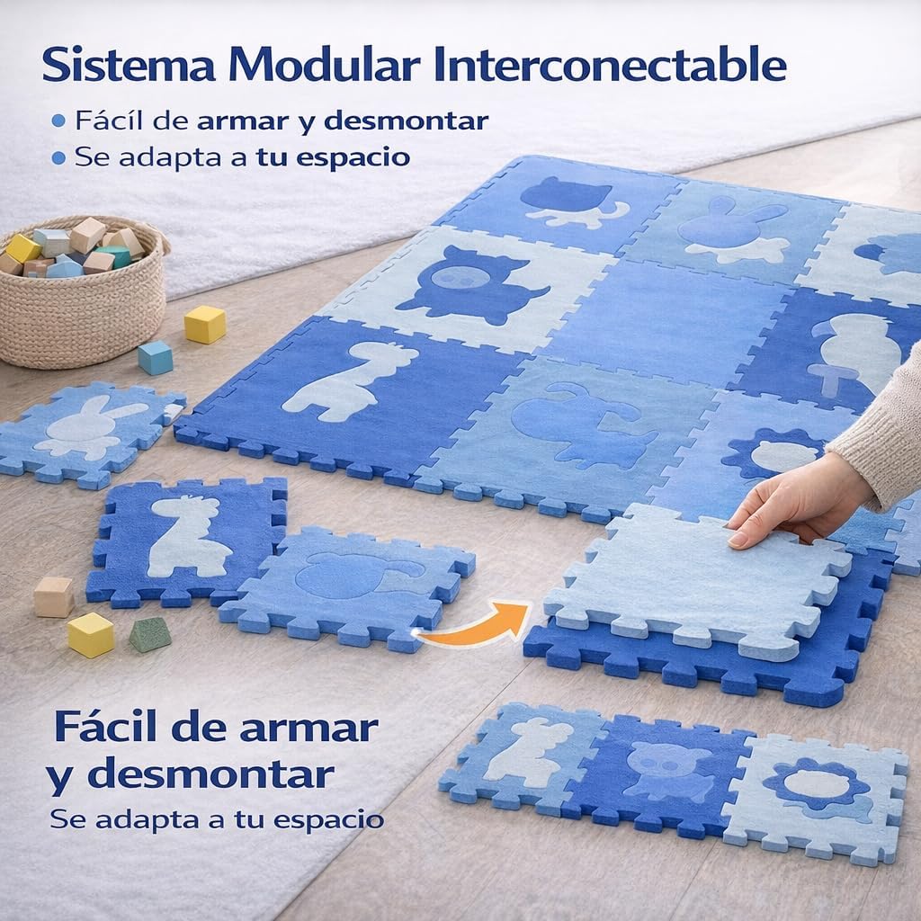 Children's EVA Foam Puzzle Mat, Blue, 185 x 185 cm, 9 Pieces, 1.2 cm Anti-Shock, Animal Theme, Educational