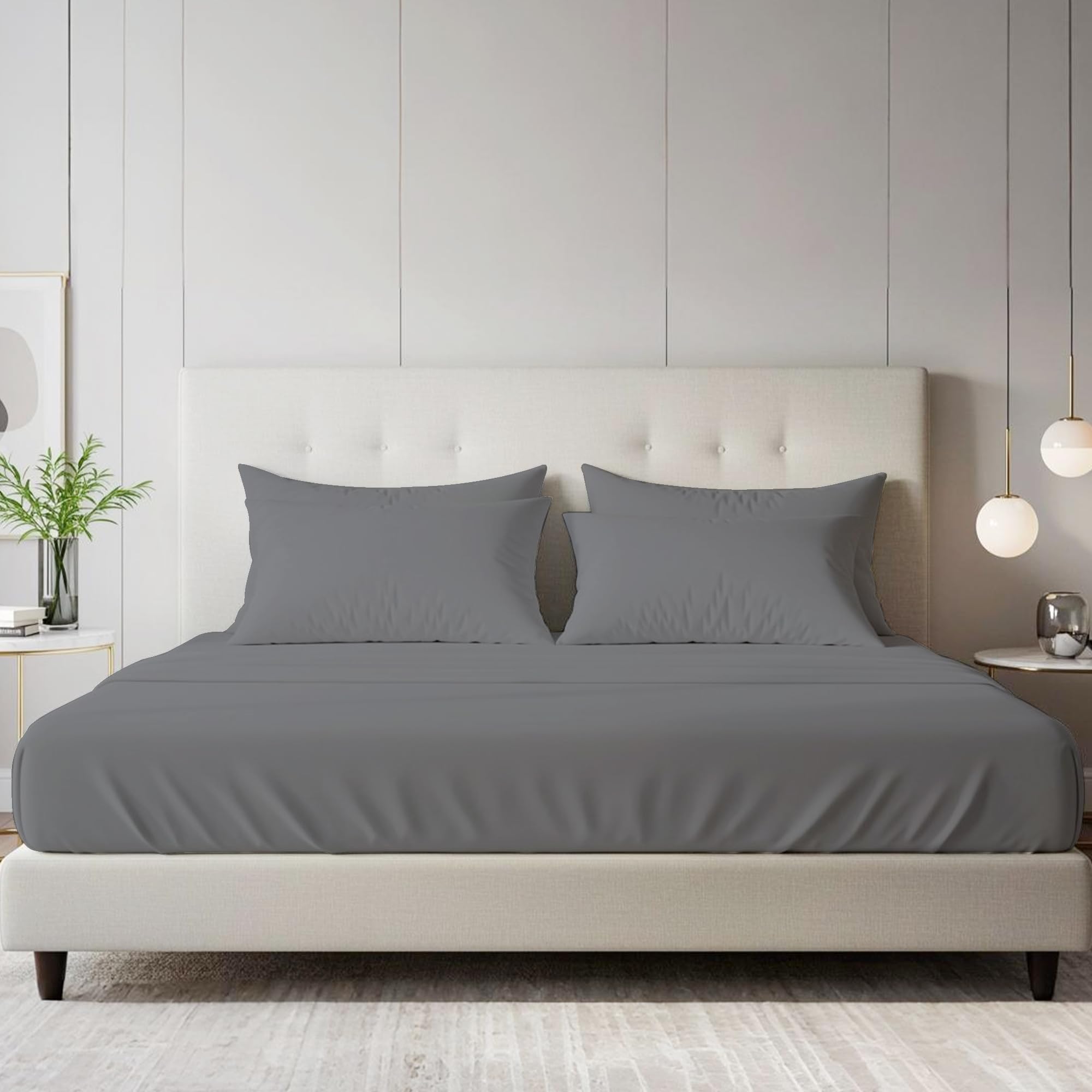Bloombedding Silver 100% Egyptian Cotton 400Tc Double Fitted Sheet, 40Cm Deep Pocket
