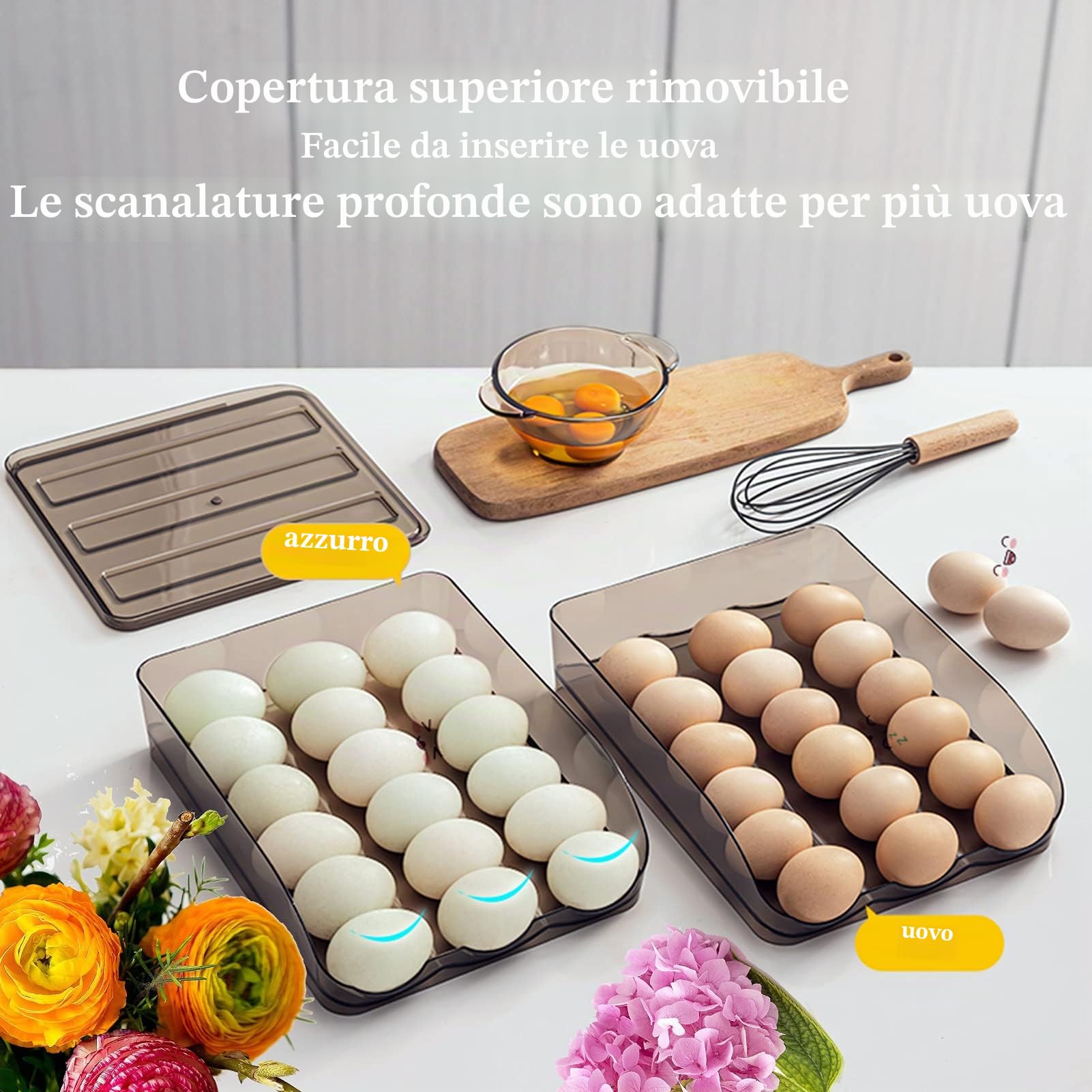 Portauova a scorrimento automatico per frigorifero, in plastica impilabile, riutilizzabile, contenitore per uova trasparente con coperchio, cestino per il trasporto delle uova (3 strati)