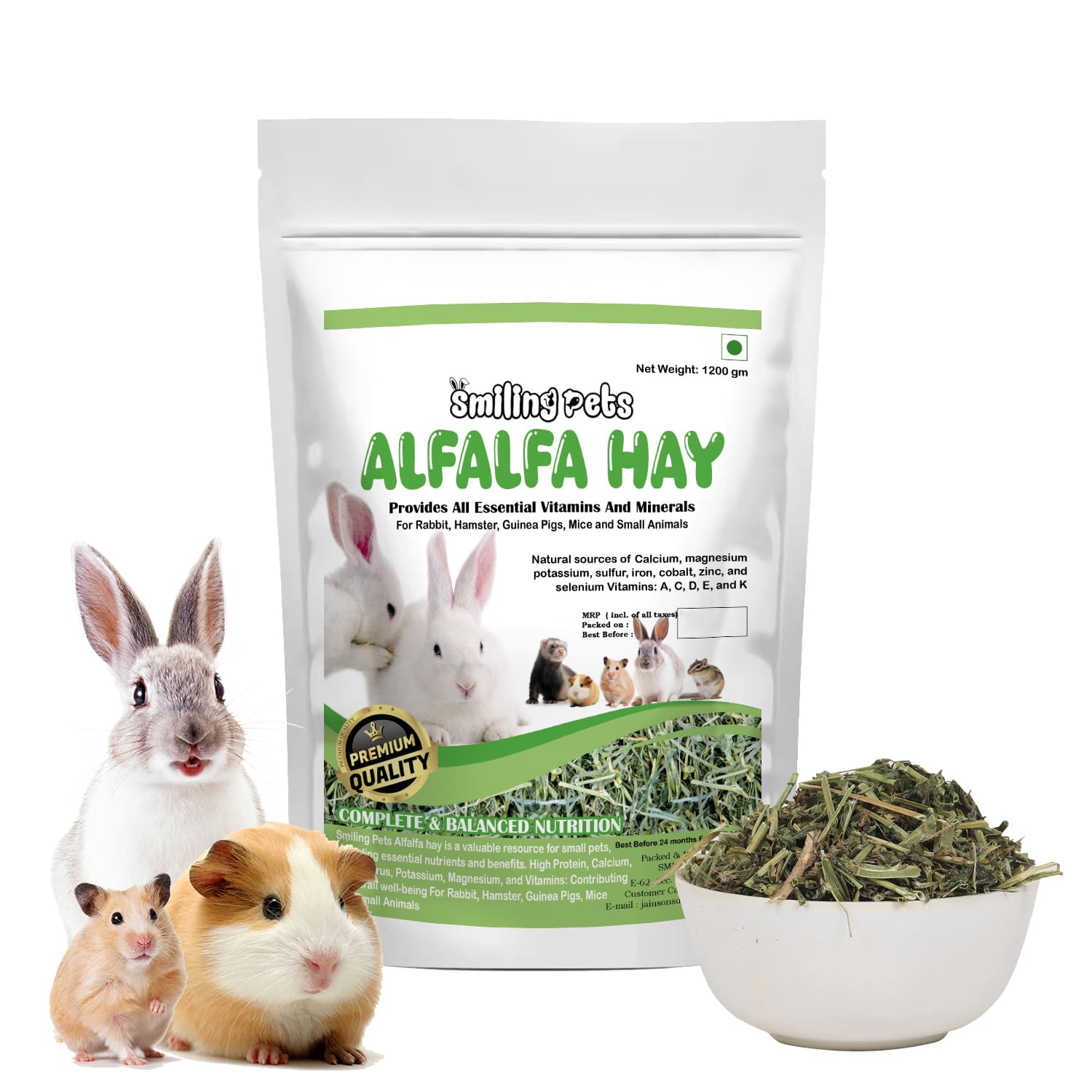Smiling Pets Alfalfa Hay for Small Pets - High-Fat Natural Dried Hay for Juvenile Rabbits, Guinea Pigs, Hamsters, Mice & Small Animals - 1.2kg Pack