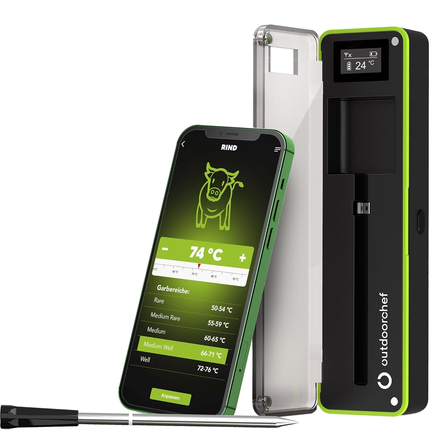 Outdoorchef Quadro Easy Check Thermometer – Wireless Bluetooth BBQ Thermometer with App, 4 Sensors, 200 m Range, Dishwasher Safe, Includes Magnetic Docking Station