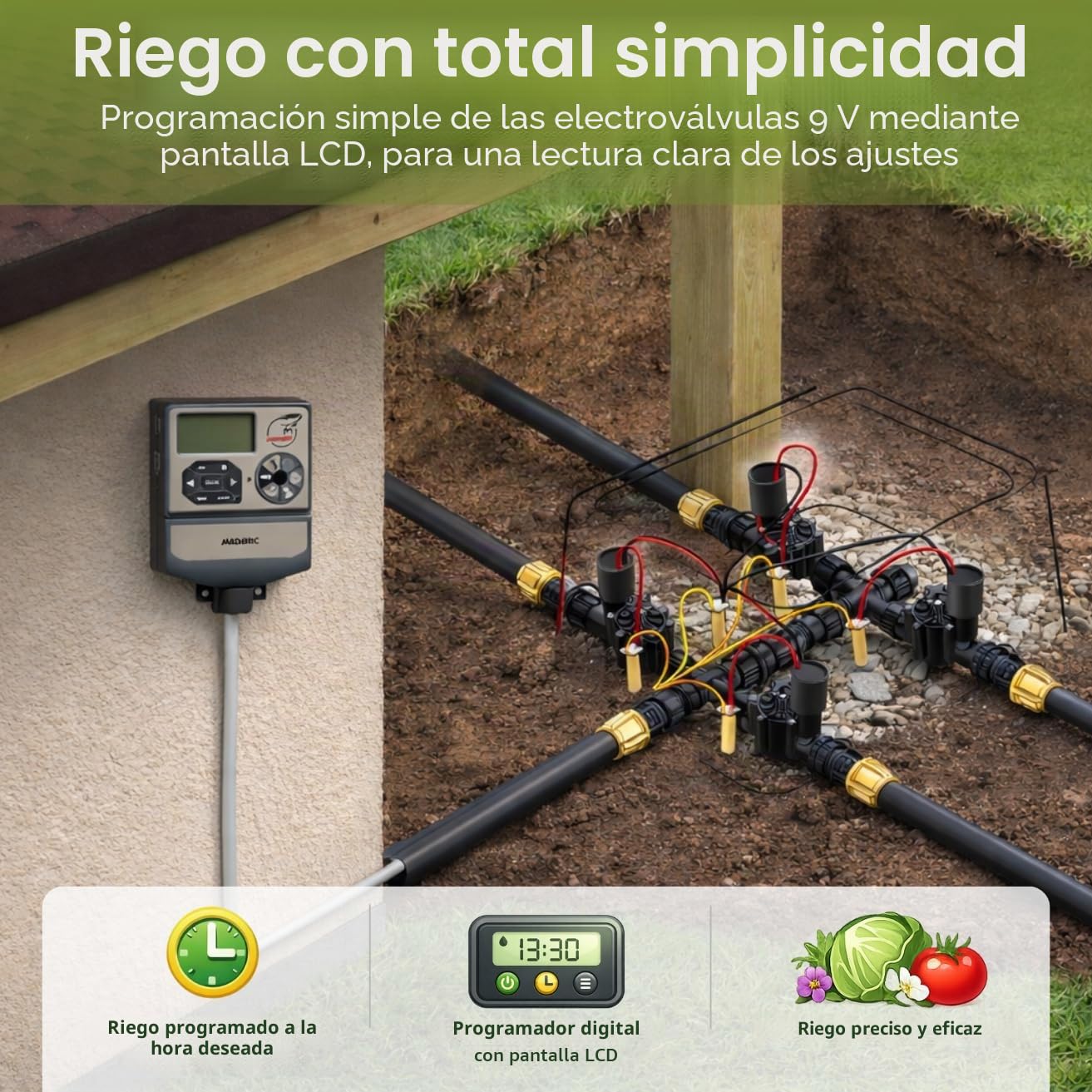 Jardibric – Programador de riego 9 V 6 vías – 2 programas independientes multi-zonas electroválvula