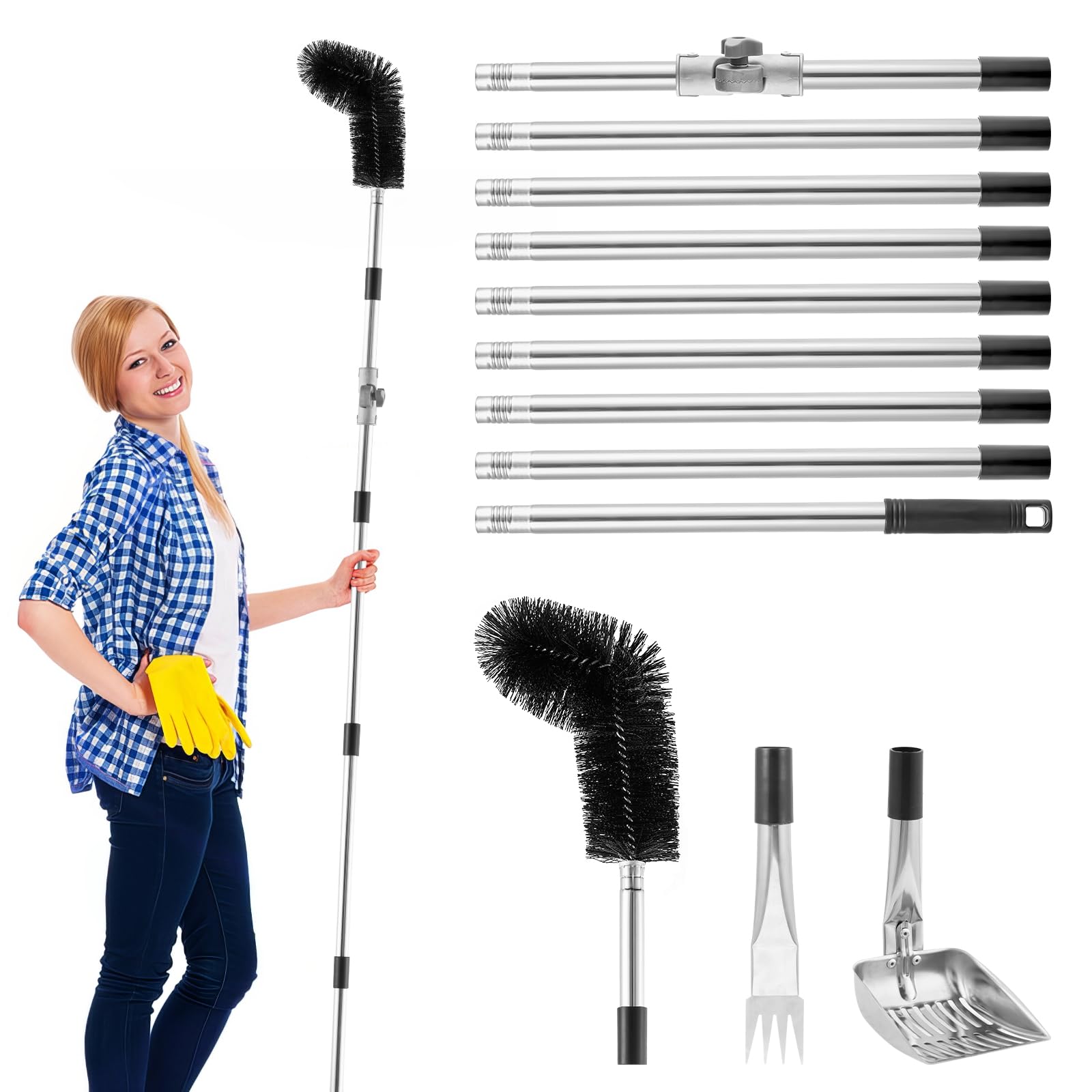 Gutter Cleaner 4m Extend Telescopic Roof Gutter Cleaning Tool Kit with 180° Swivel Head, Gutter Rake, Cleaning Shovel, 9 Section Aluminum Adjustable Angle Roofing Guard Cleaner for Removes Leaf Debris