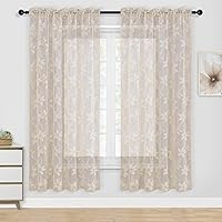 Vista 26 de DWCN Cortinas traslúcidas para cocina, bolsillo para barra de encaje floral beige, 52 x 36 pulgadas, 2 paneles Encaje Beige
