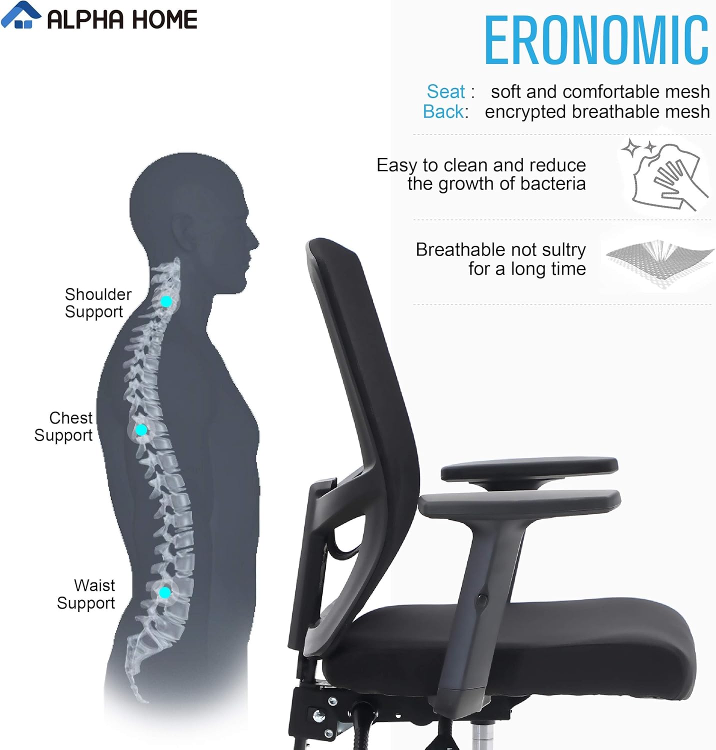 Thumbnail 3 de ALPHA HOME Silla de oficina ergonómica 🪑 - Soporte lumbar ajustable