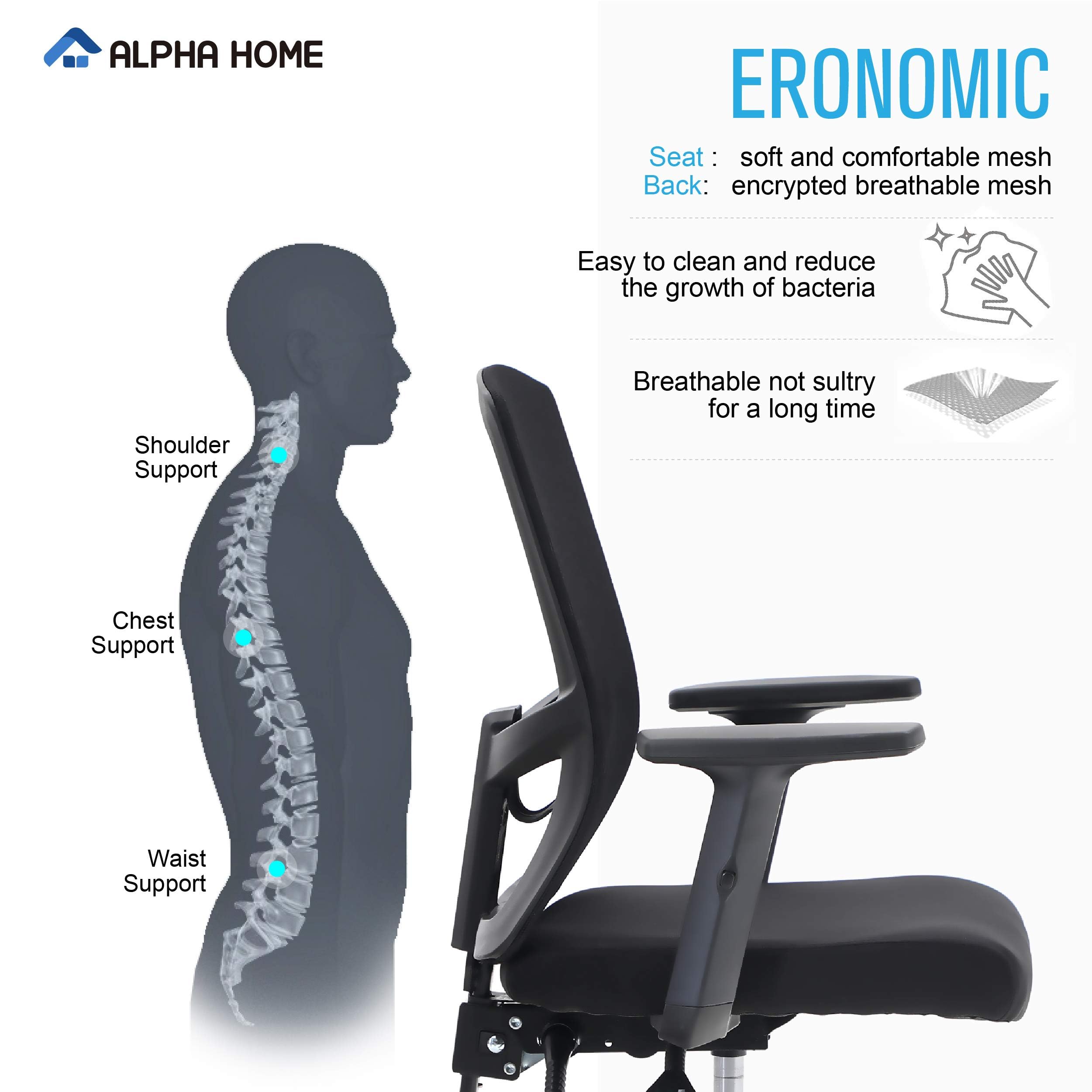 ALPHA HOME Ergonomische stoel van netstof, bureau met gemiddelde rugleuning, computer met verstelbare armleuningen