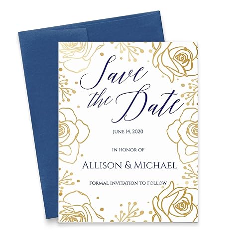 Personalized Save The Dates with Envelopes, Printed Gold Foil Roses with Navy Save The Date Cards for Wedding, Your choice of Quantity and Envelope